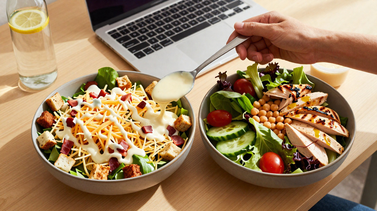 Duas tigelas com saladas variadas, uma com molho sendo despejado e ao fundo um notebook e copo com limão.