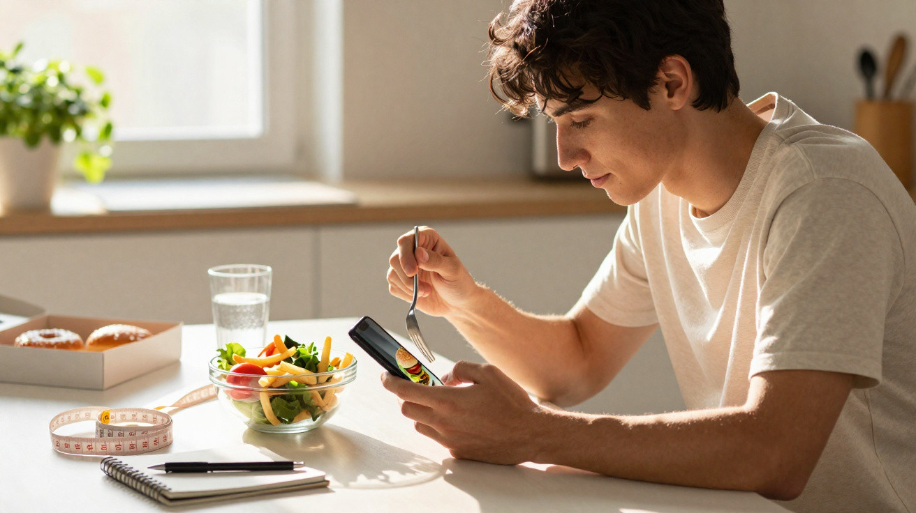 Jovem sentado à mesa com salada, usando celular, com copo d’água, caderno e fita métrica ao lado.