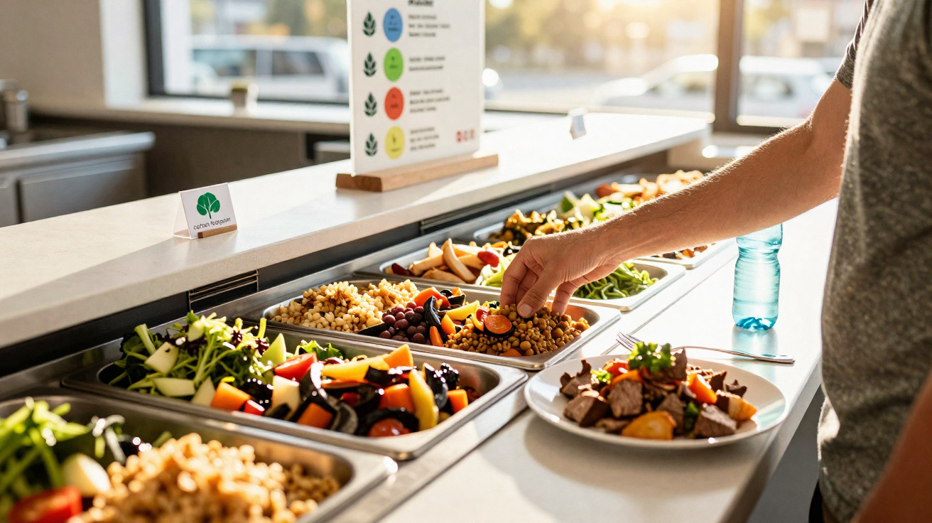 Pessoa servindo-se em buffet com diferentes opções de salada, legumes, frutas e verduras frescas em restaurante.