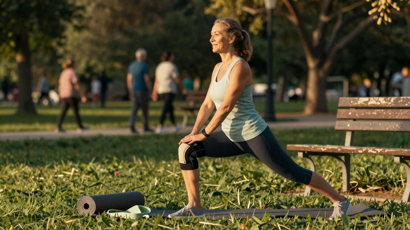 Mulher praticando alongamento em parque ao ar livre com tapete e rolo de yoga no chão.