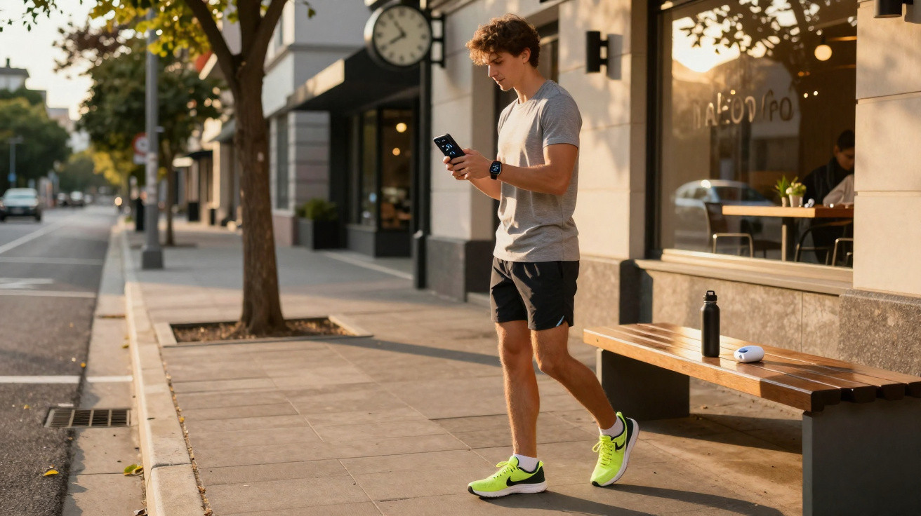Jovem em roupa esportiva com tênis amarelo verifica celular na calçada próxima a banco de praça e relógio.