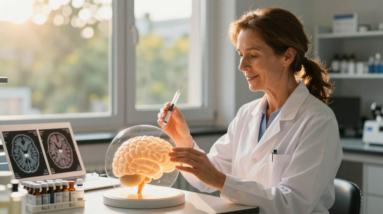 Pesquisadora em laboratório simulando aplicação de injeção em modelo de cérebro humano.
