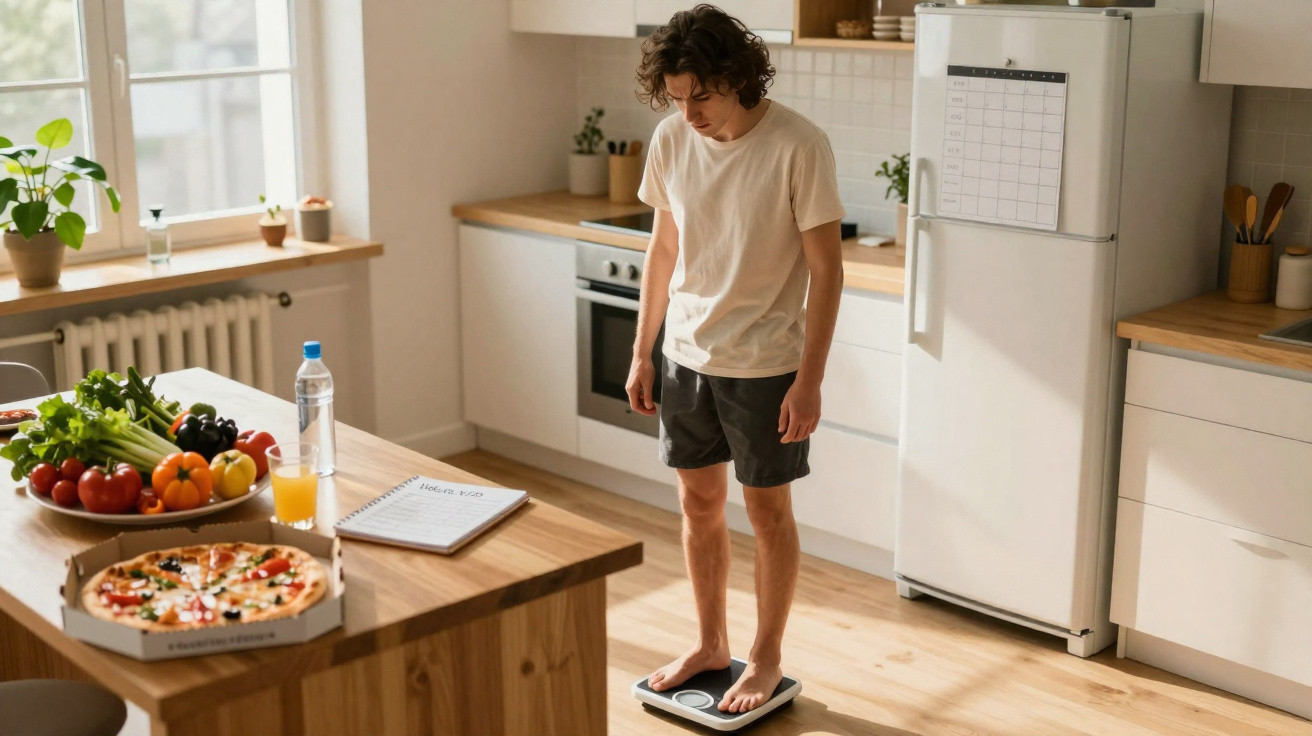 Homem jovem de camiseta e bermuda está em uma cozinha, olhando para a balança digital onde está parado.