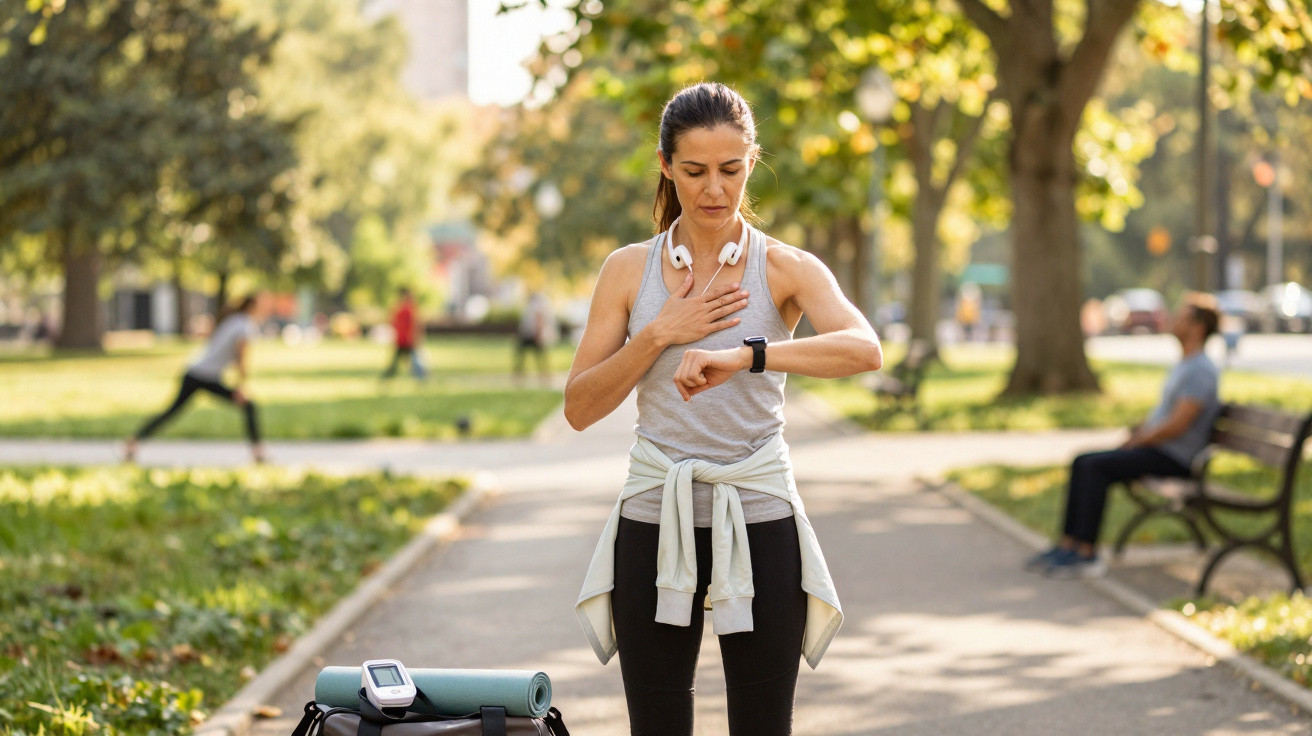 Mulher em parque olhando relógio e mão no peito após exercício, com tapete de yoga e fones brancos.
