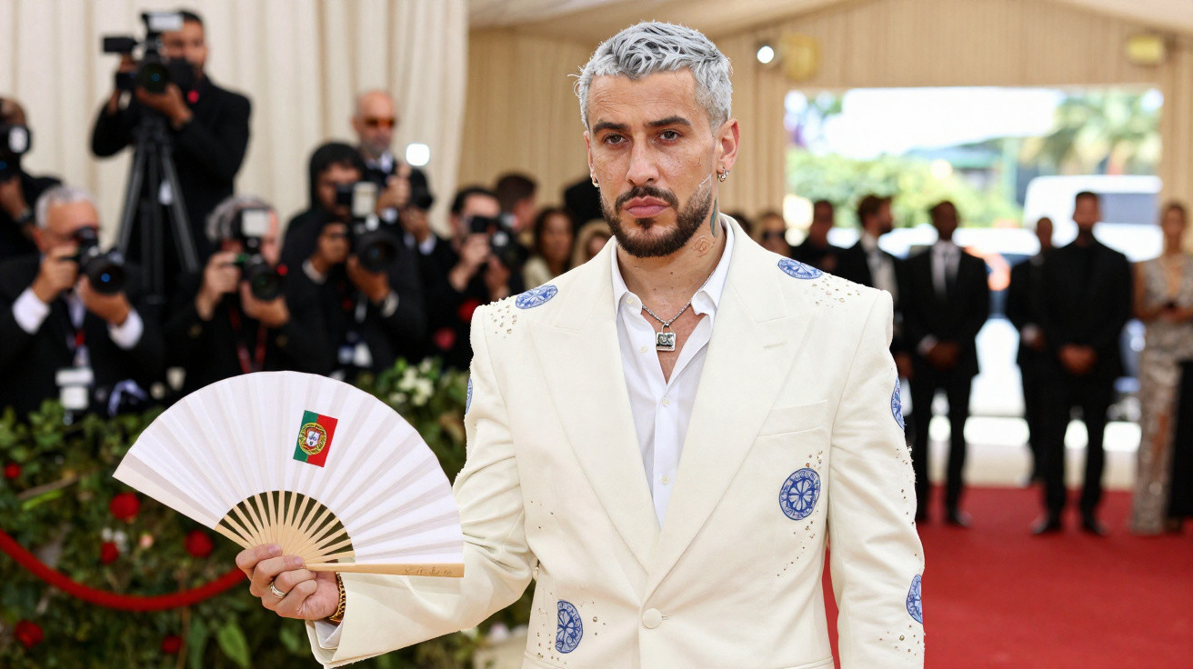 Homem com casaco branco e cabelo grisalho segura leque com bandeira de Portugal em evento com tapete vermelho.