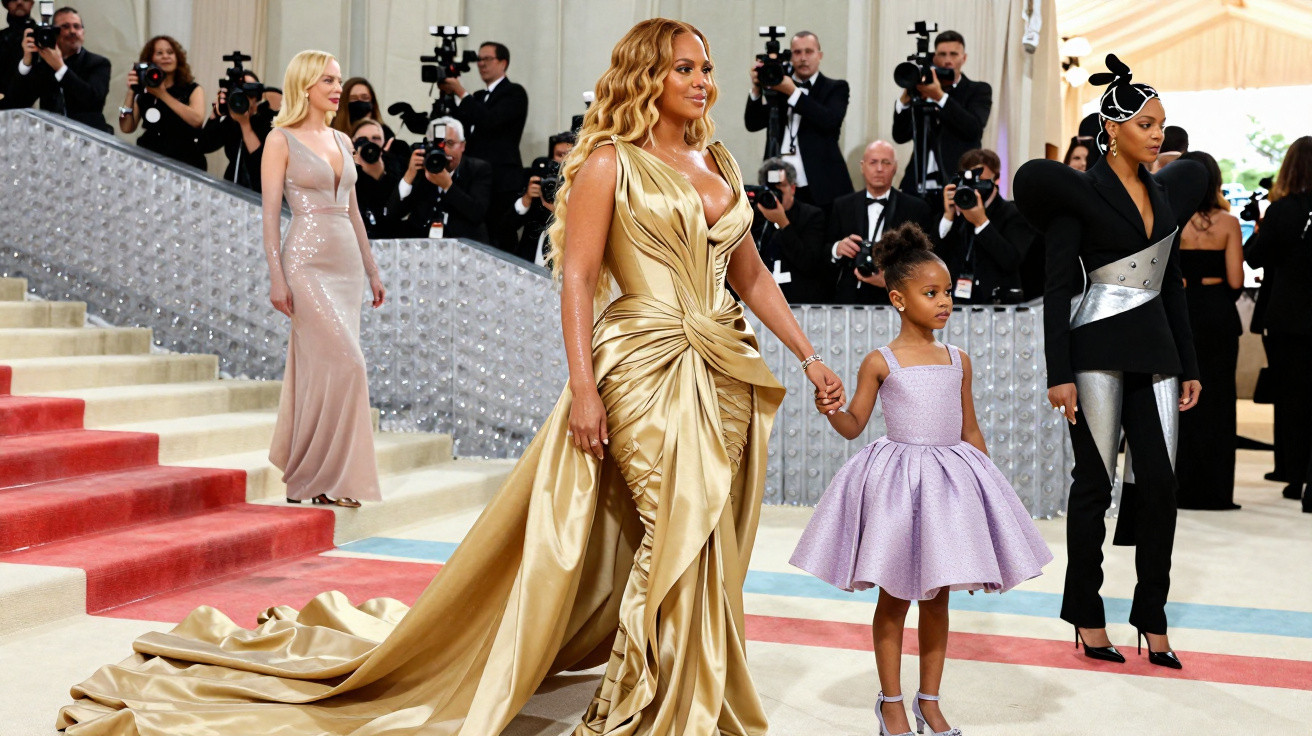 Mulher com vestido dourado longo segurando mão de criança com vestido lilás em evento formal com fotógrafos ao fundo.