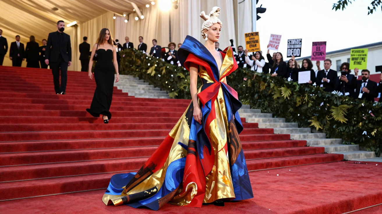 Mulher com vestido colorido e volumoso posa na escadaria vermelha durante evento com público ao fundo.