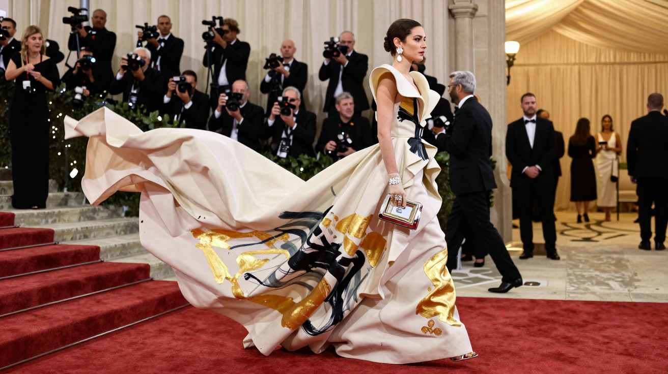 Mulher elegante em vestido longo branco com detalhes dourados desfilando no tapete vermelho com fotógrafos ao fundo.