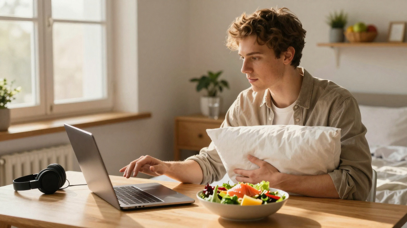Jovem sentado à mesa usando laptop, segurando travesseiro, com salada e fones ao lado em ambiente iluminado.