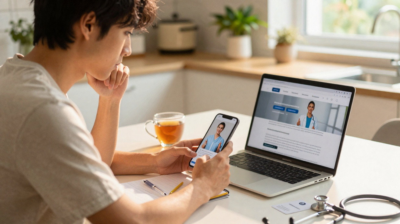 Jovem em consulta médica online, usando laptop e celular na mesa com estetoscópio e chá.