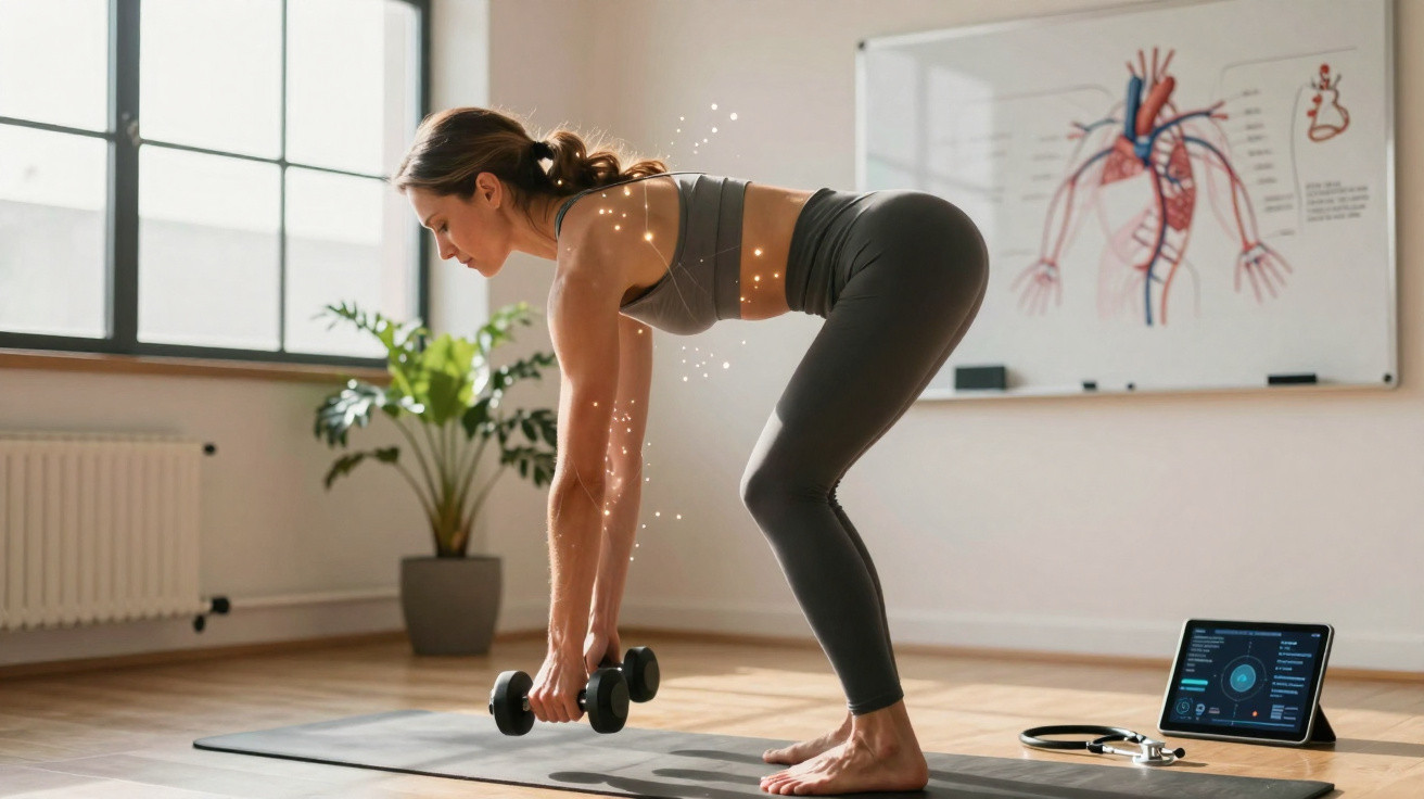 Mulher fazendo exercício com halteres em casa, com planta, quadro anatômico e tablet ao fundo.