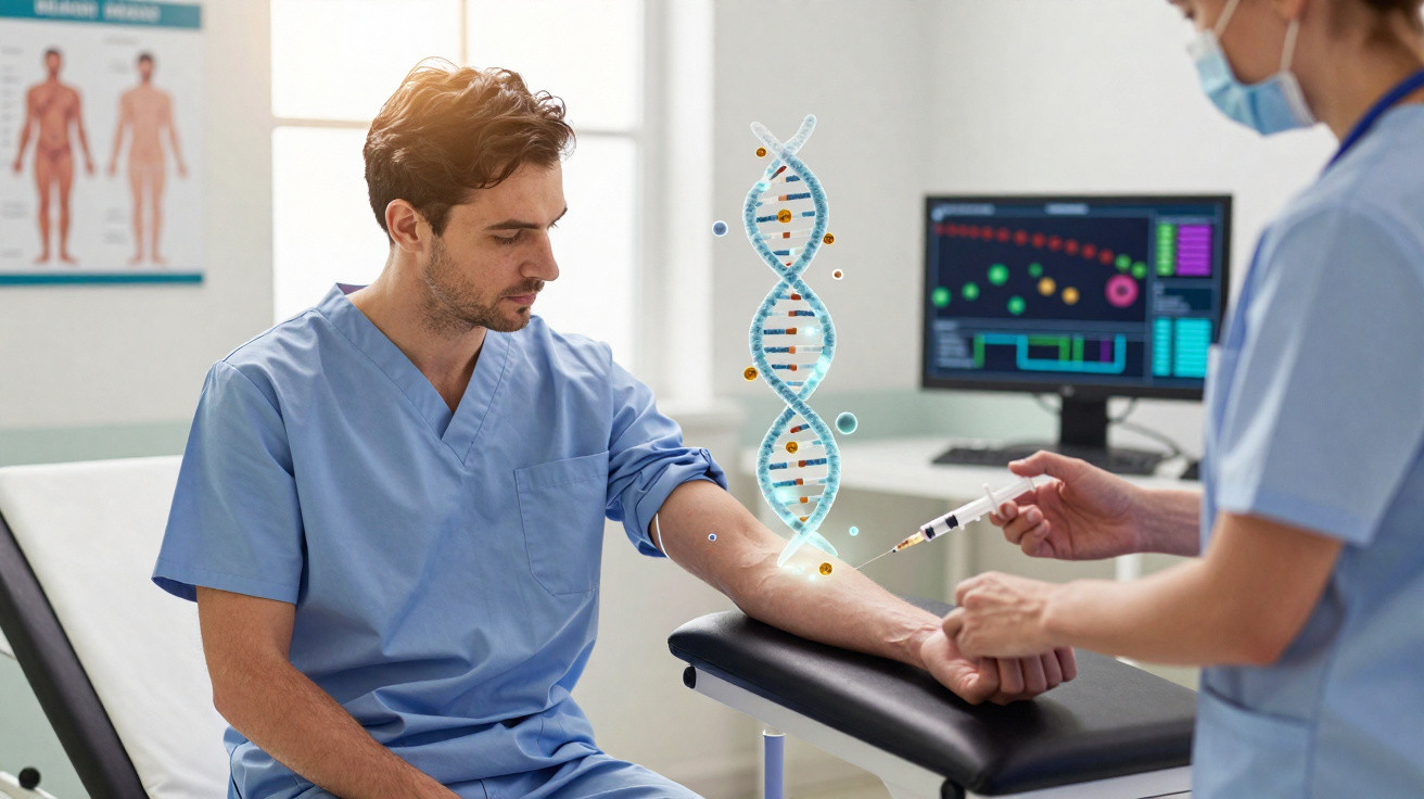 Homem recebendo injeção no braço, com representação gráfica de DNA em ambiente clínico.