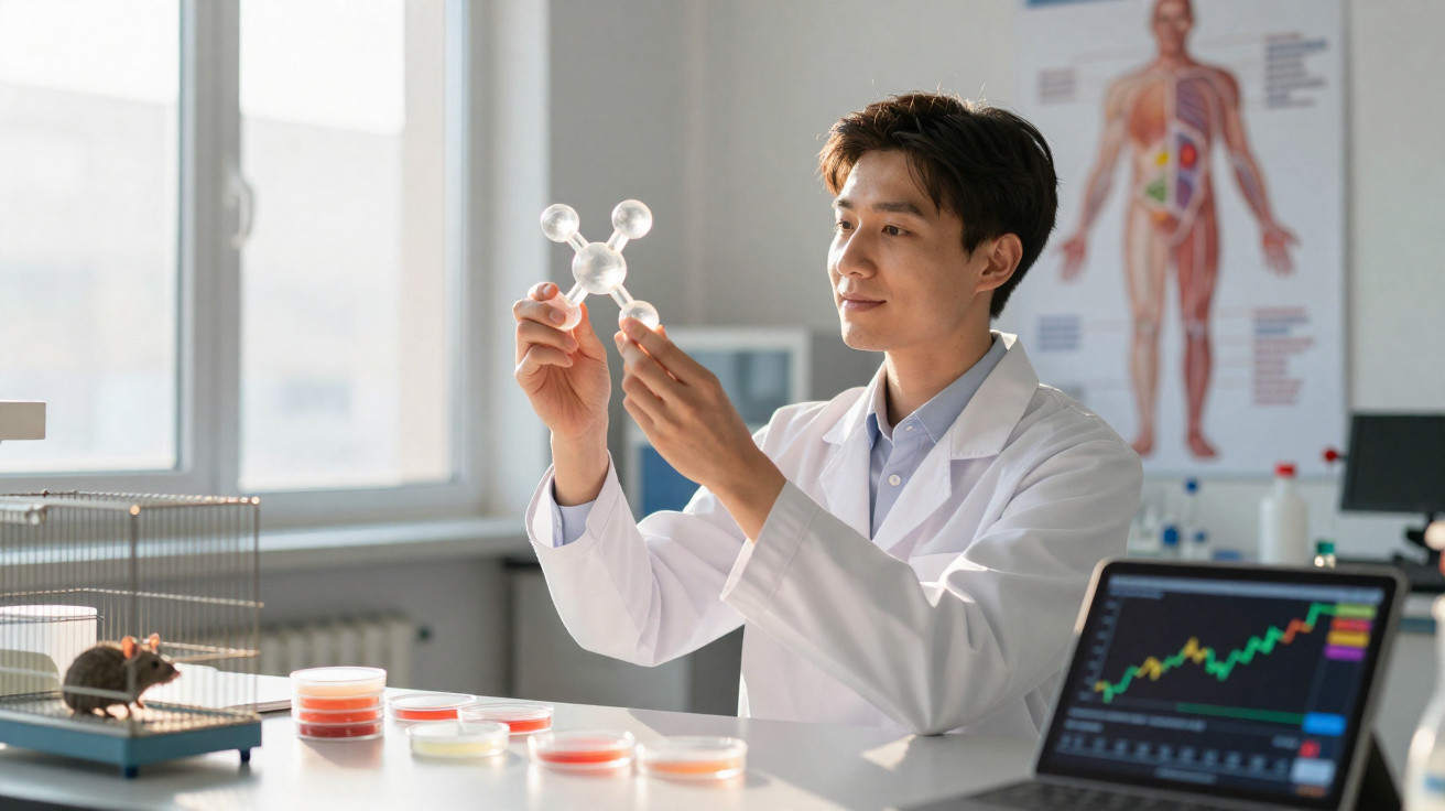 Cientista em laboratório observando modelo molecular, com placas de Petri e rato em gaiola ao lado.