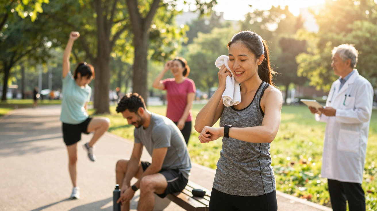 Grupo de pessoas se exercitando ao ar livre em parque, com médico observando ao fundo.