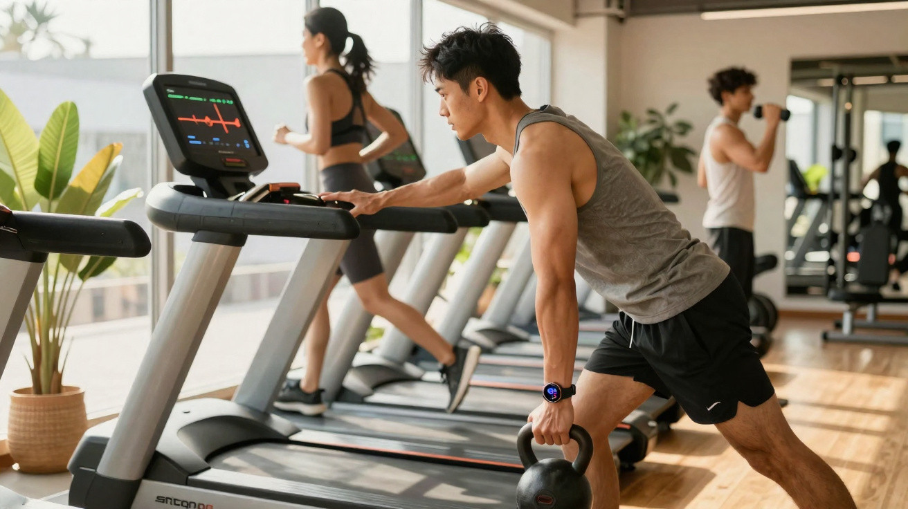 Homem fazendo exercício com kettlebell ao lado de esteira com pessoas correndo em academia iluminada.