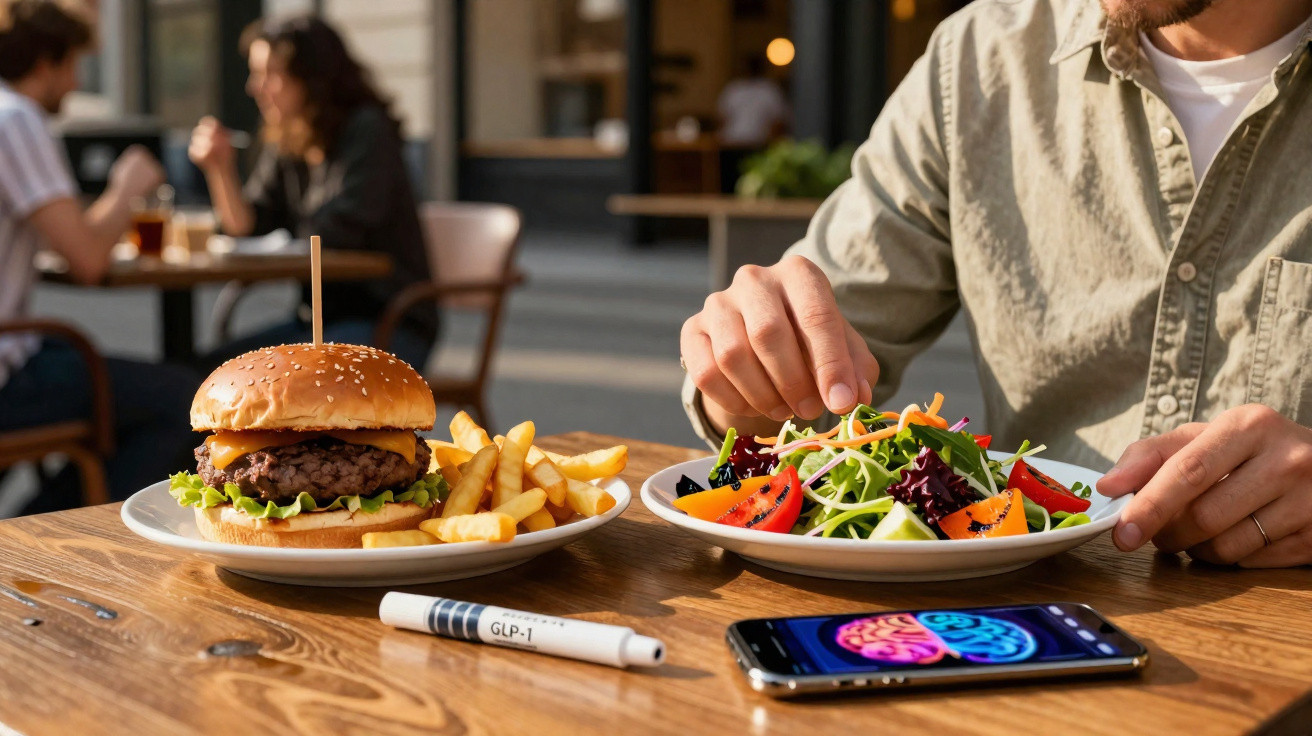 Pessoa comendo salada à mesa ao ar livre, com hambúrguer e batatas fritas ao lado e caneta para aplicação de insulina.