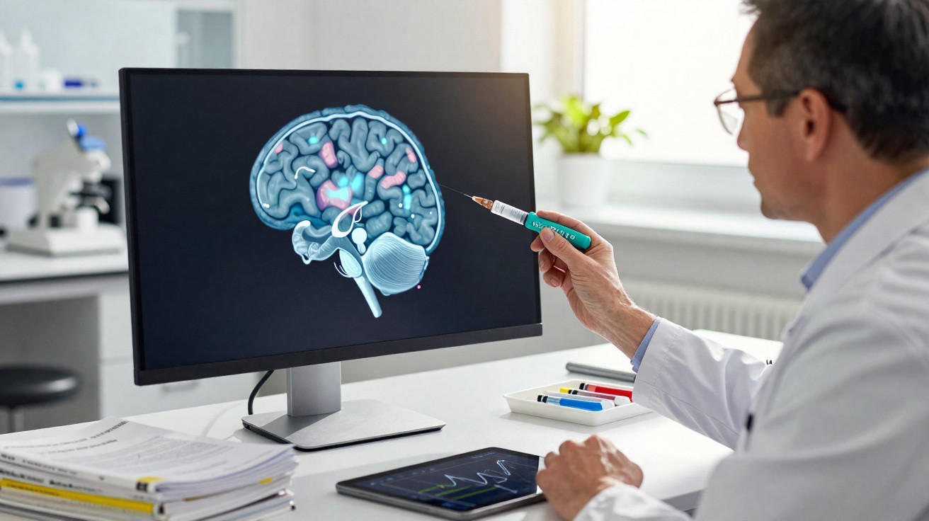 Médico aponta área do cérebro em imagem no computador durante análise em consultório moderno.