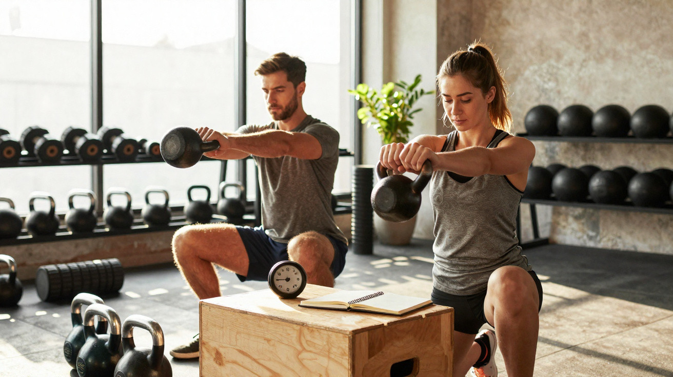 Homem e mulher treinam com kettlebells em academia iluminada com equipamentos ao fundo.