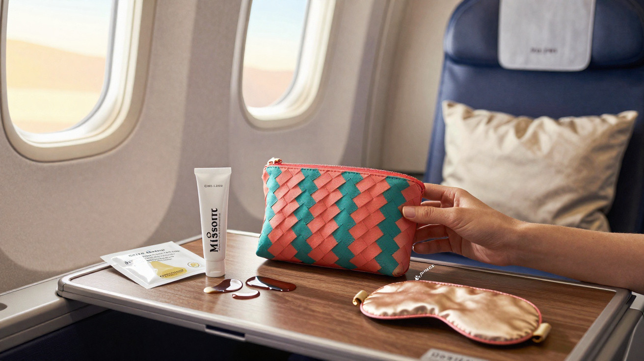 Mão segurando nécessaire colorida sobre bandeja com máscara de dormir e produtos de amenidade em avião.