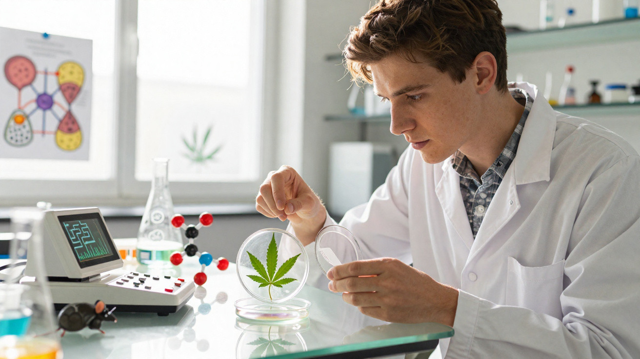 Cientista jovem em laboratório analisa folha de cannabis dentro de placa de Petri transparente.