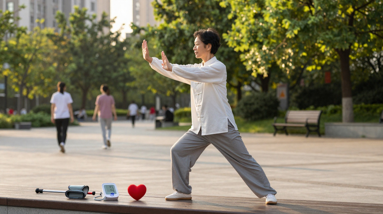 Pessoa praticando Tai Chi em parque urbano com aparelho de pressão e coração vermelho ao lado.