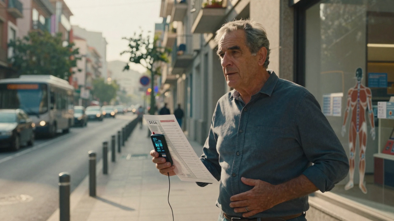 Homem idoso em rua urbana segurando dispositivo médico e documento, com mão na região do estômago.