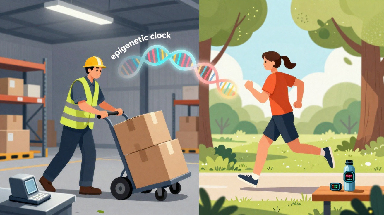 Homem trabalhando no depósito e mulher correndo ao ar livre conectados por uma cadeia de DNA colorida.