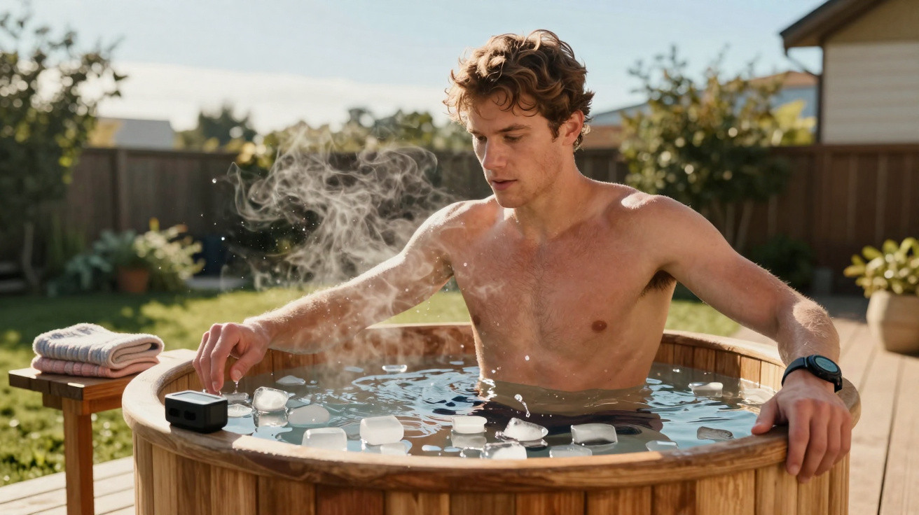 Homem sem camisa em banheira de madeira com água e gelo, vapor saindo, em quintal ensolarado.