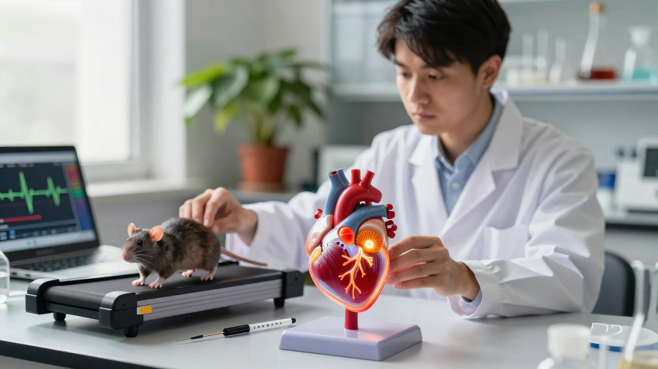 Cientista observa rato em esteira e modelo anatômico de coração em laboratório de pesquisa médica.