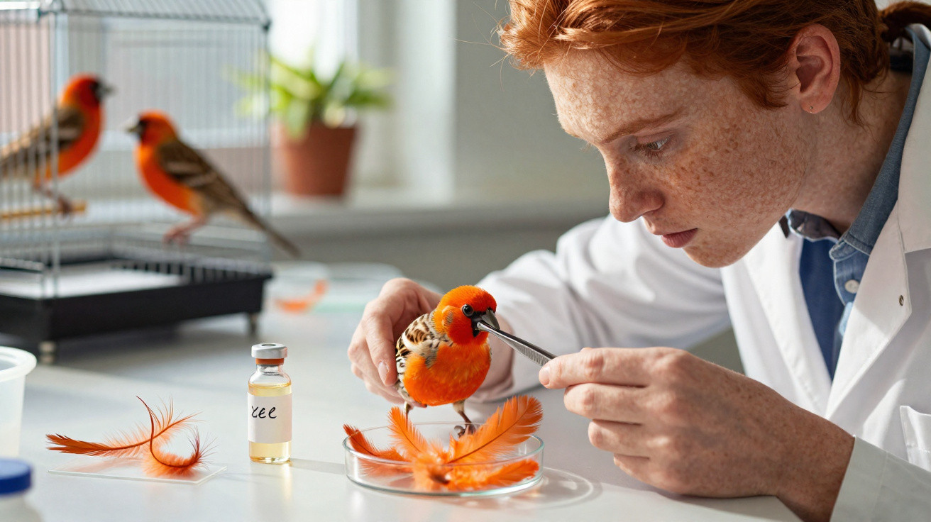 Cientista em laboratório examina pássaro laranja com pinça perto de penas e frasco de vidro.