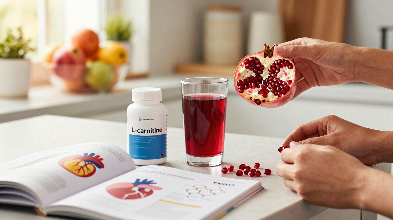 Mãos segurando romã, vidro de suco, suplemento de L-carnitine e livro aberto sobre saúde cardiovascular.