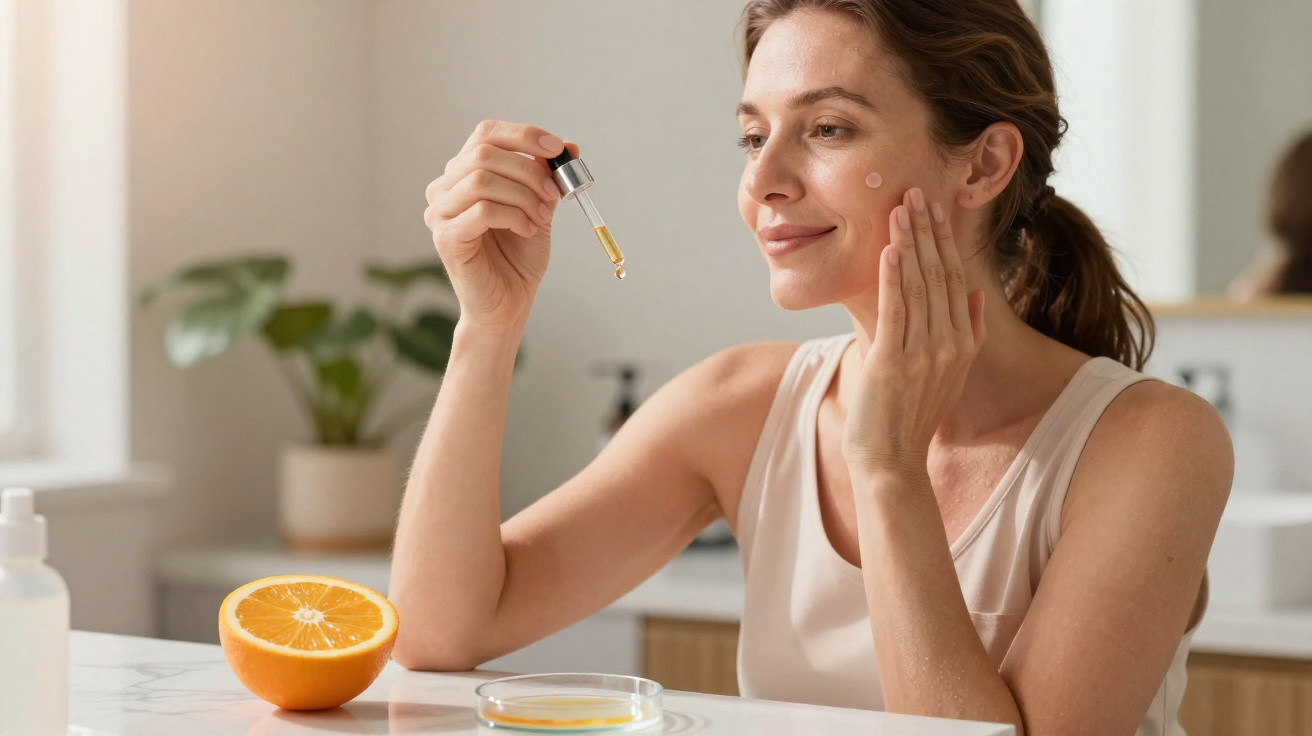 Mulher aplicando sérum facial no rosto com conta-gotas, laranja cortada e ambiente claro ao fundo.