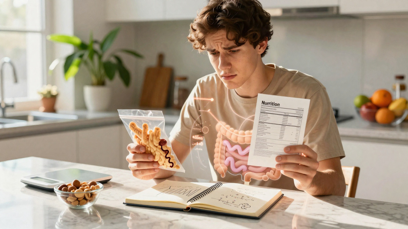 Homem jovem analisando rótulo nutricional e alimentos processados na cozinha, com ilustração do intestino.
