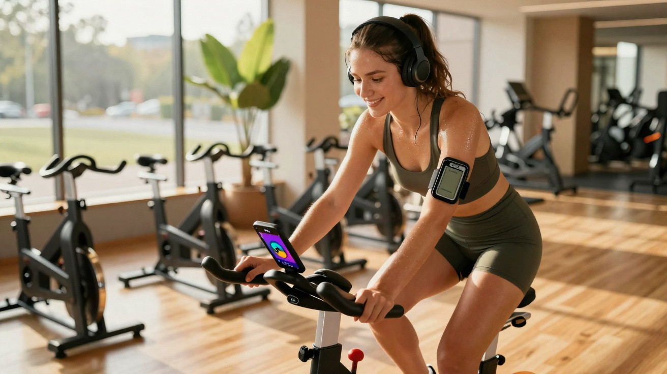 Mulher sorrindo usando fones de ouvido e pedalando bicicleta ergométrica em academia iluminada.