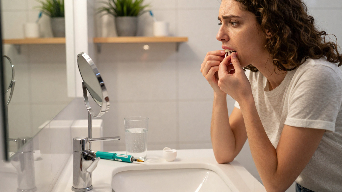 Mulher com expressão preocupada usando aparelho para aplicar insulina no banheiro.