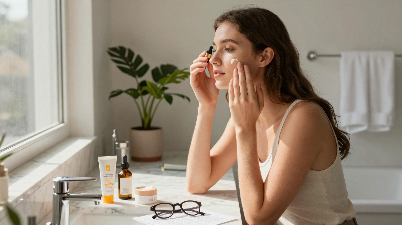 Mulher aplicando sérum no rosto em banheiro com produtos de cuidados e planta ao fundo.