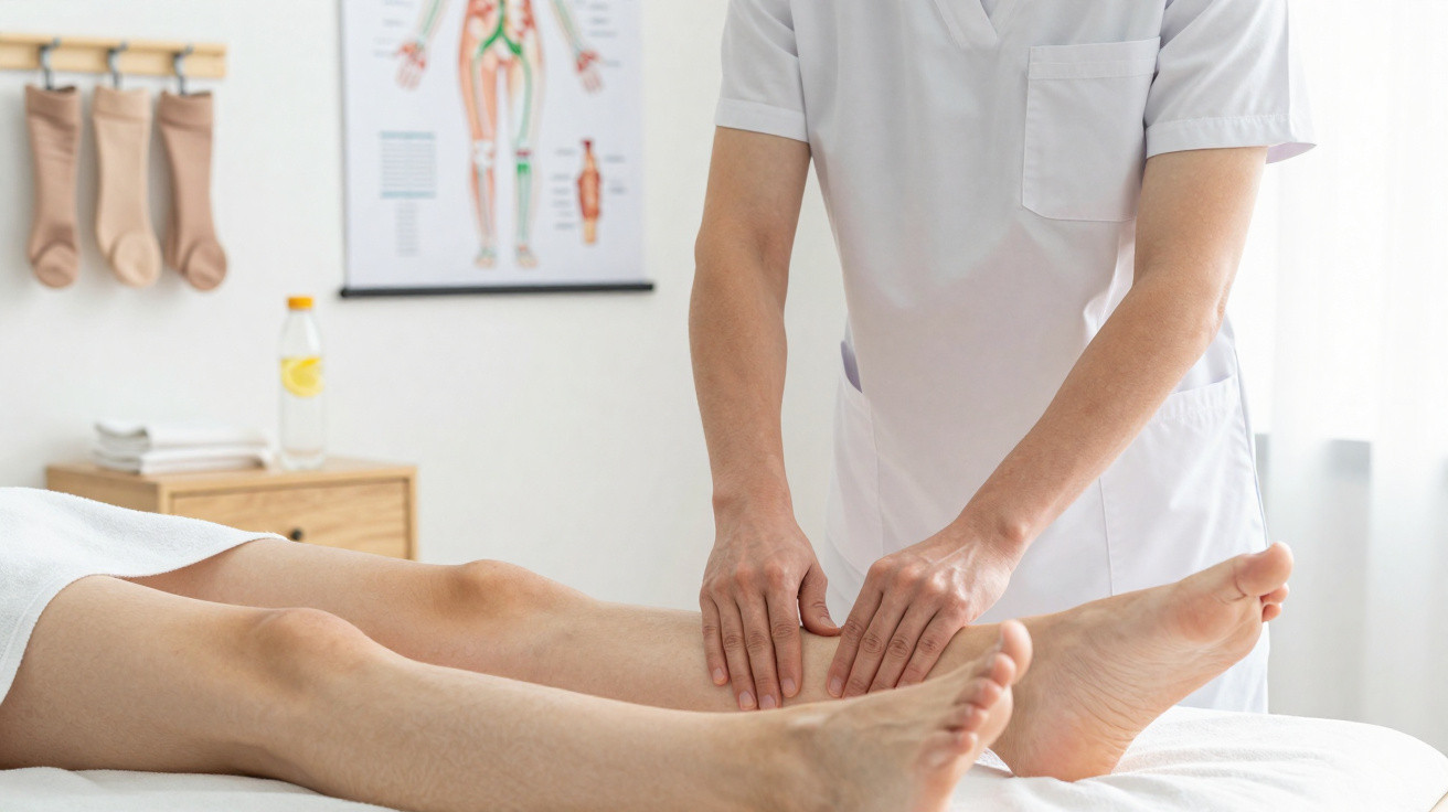 Profissional realizando massagem terapêutica nas pernas de paciente em clínica médica iluminada.