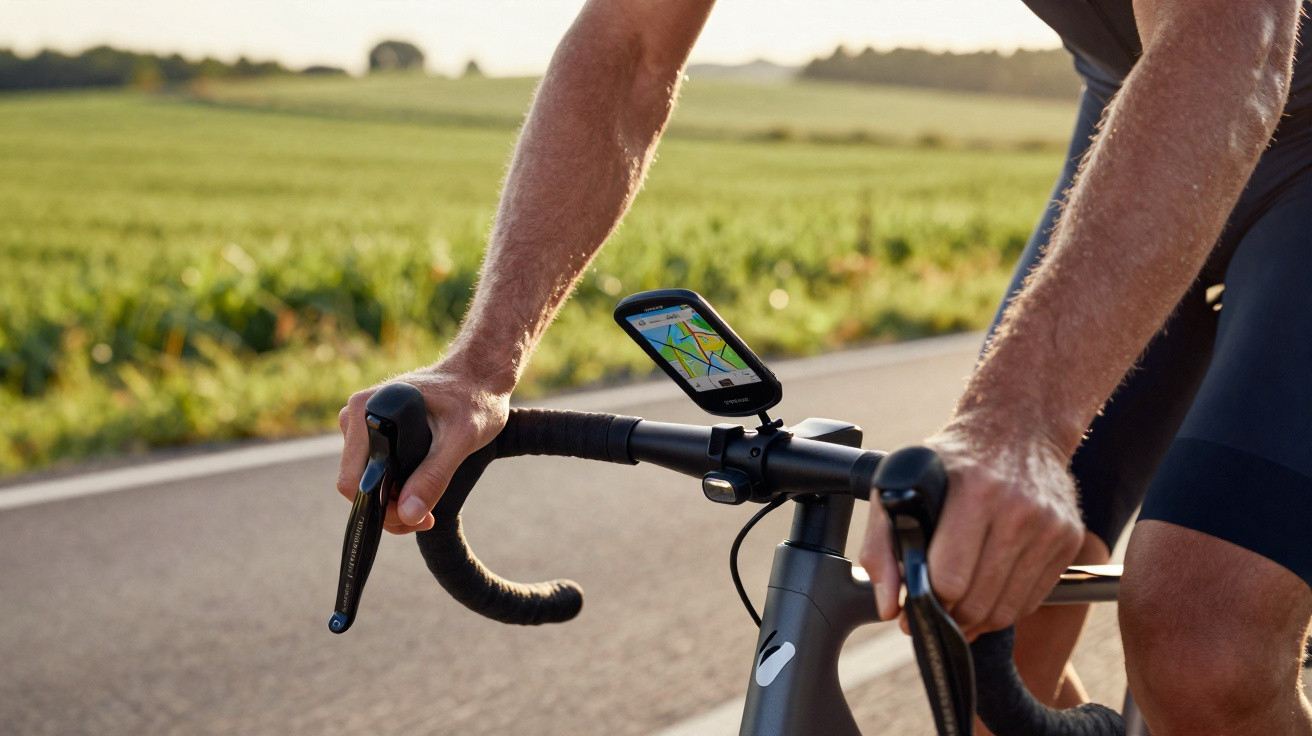 Mãos de ciclista segurando guidão de bicicleta com dispositivo GPS numa estrada rural ensolarada.