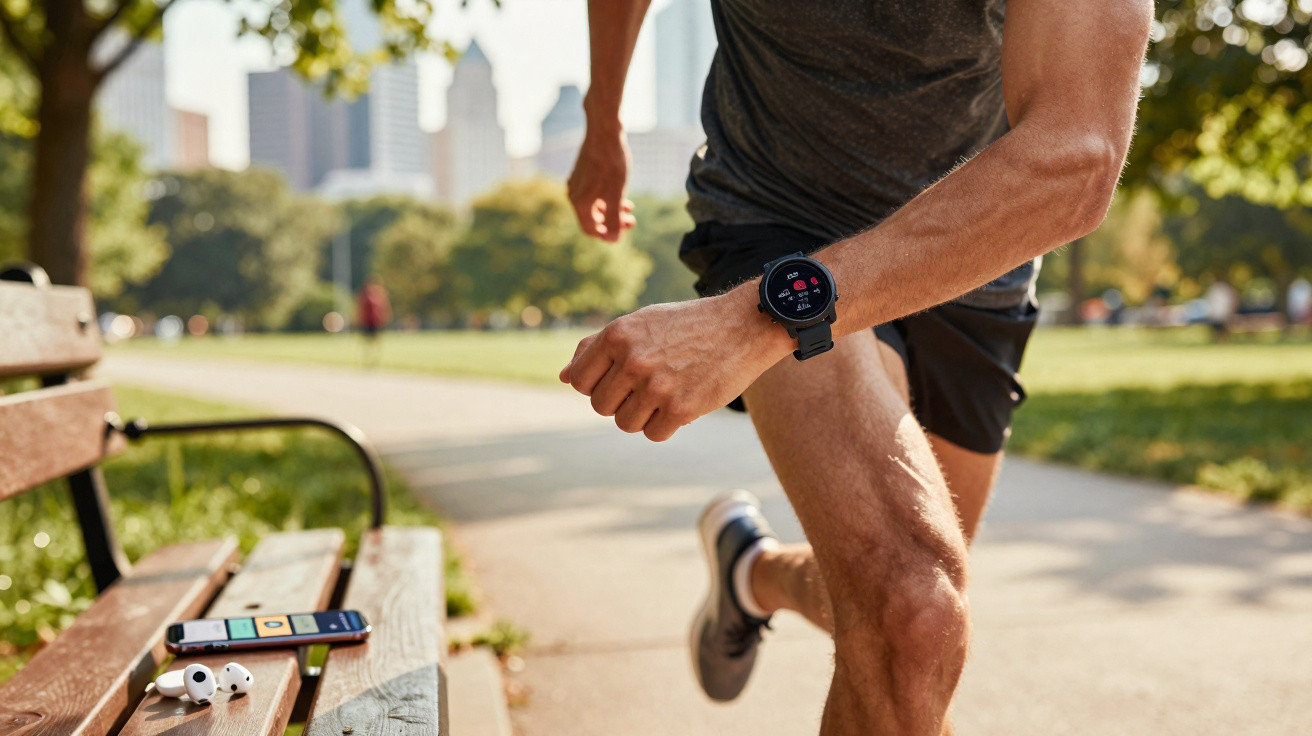 Pessoa correndo em parque urbano com smartwatch e fones sem fio sobre banco de madeira.