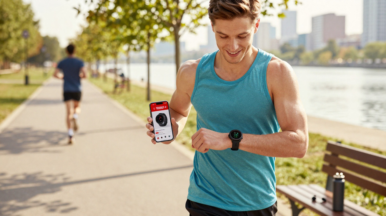 Homem em regata azul verifica smartwatch enquanto corre em parque próximo a rio e segura celular com app aberto.