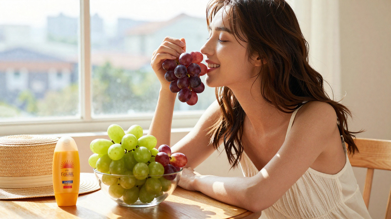 Mulher sorrindo segurando uvas roxas perto de uma tigela com uvas verdes em mesa de madeira.