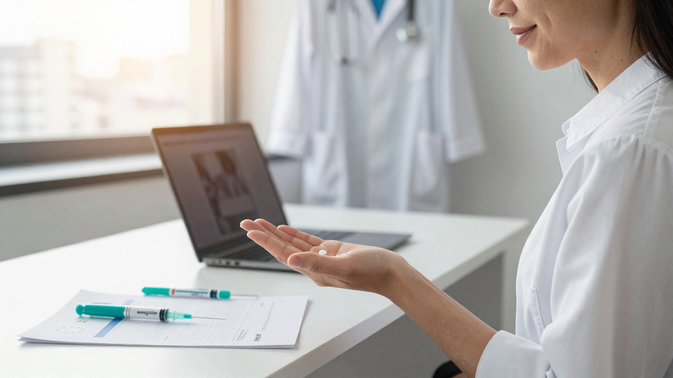 Médica segurando comprimido na mão com mesa, laptop e jaleco ao fundo em consultório iluminado.