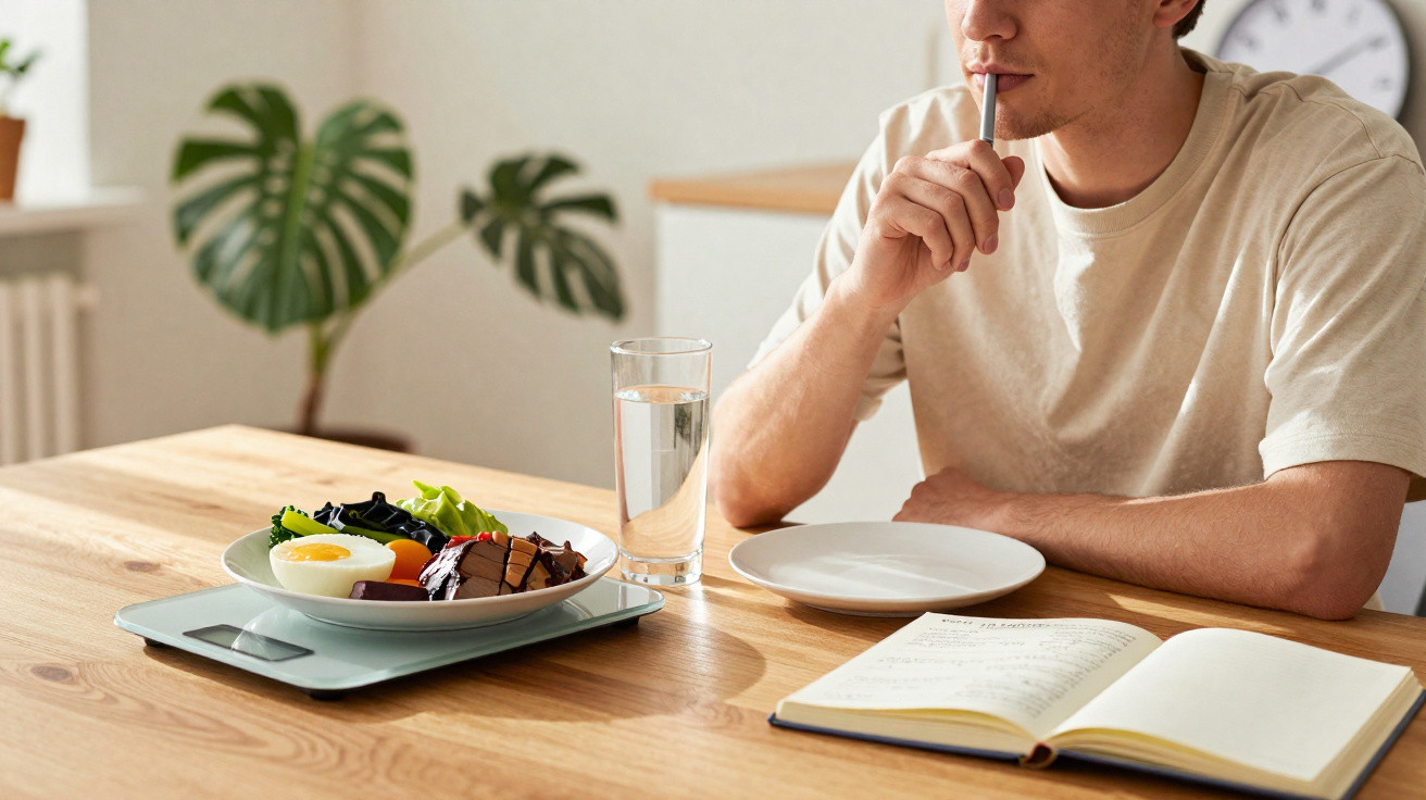 Homem sentado à mesa pensativo com prato de comida, copo d'água e livro aberto.