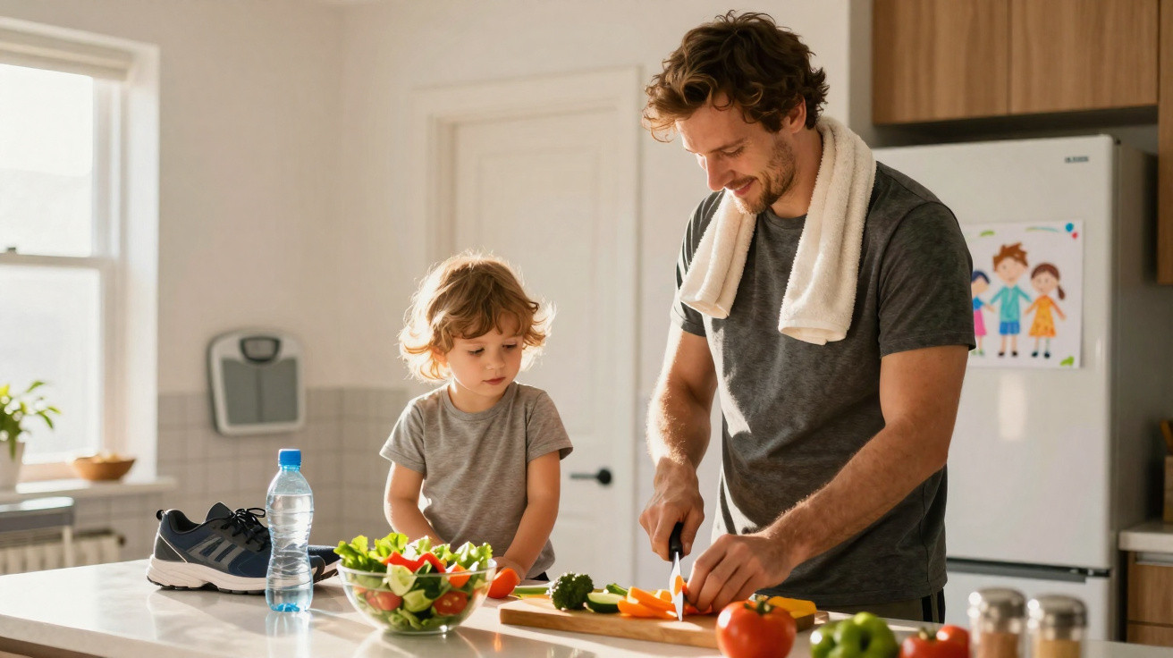 Pai corta legumes enquanto filho observa em cozinha iluminada durante preparação de salada saudável.