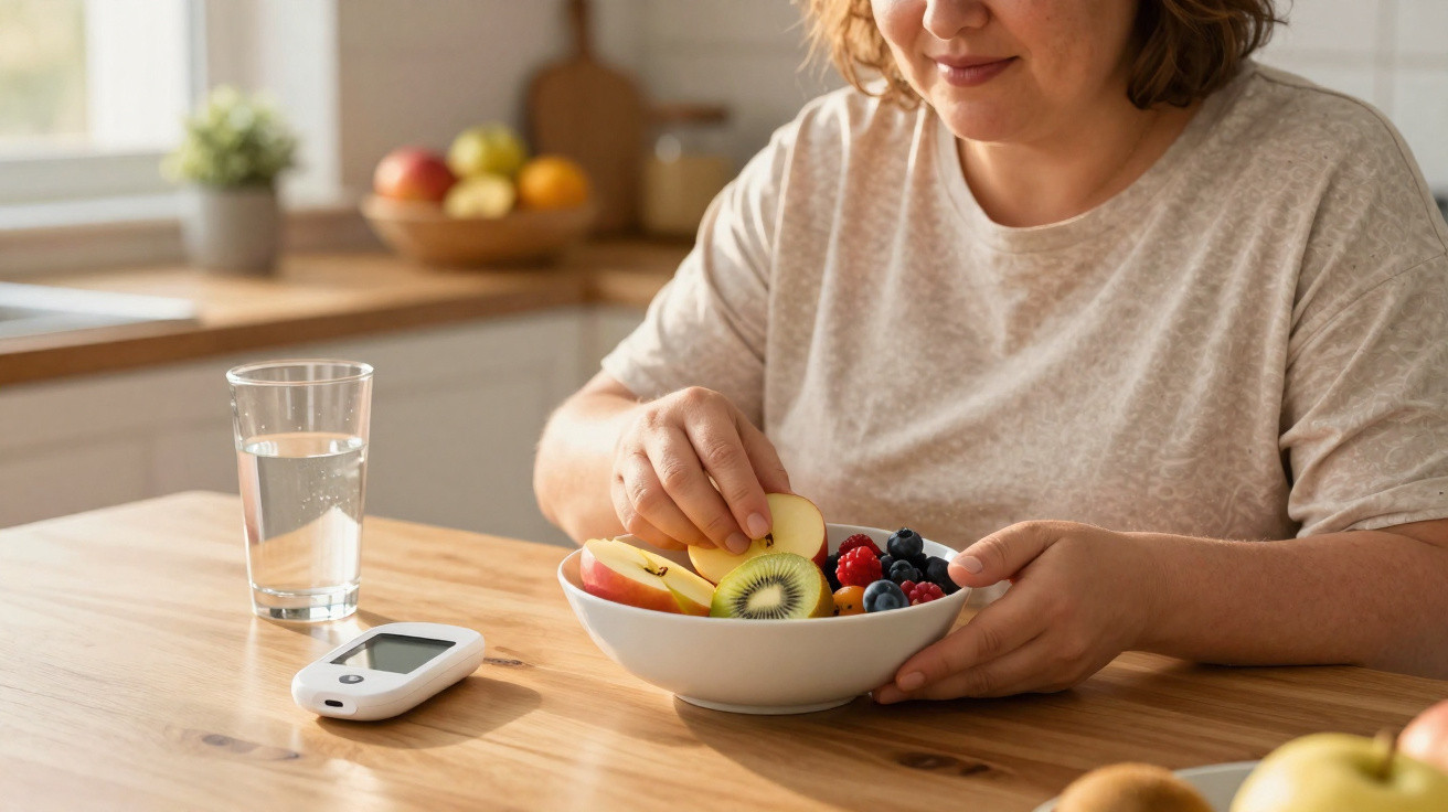Mulher sentada à mesa com tigela de frutas, copo d'água e monitor de glicose ao lado.