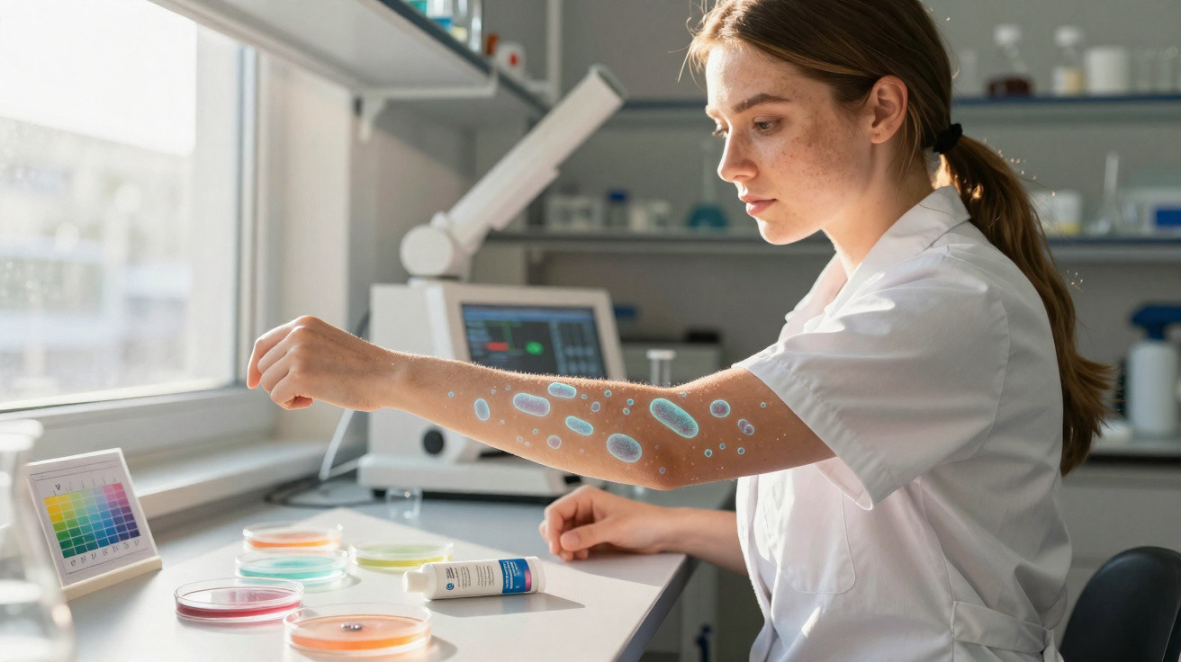 Mulher em laboratório com imagens de microrganismos projetadas no braço enquanto examina placas de Petri.