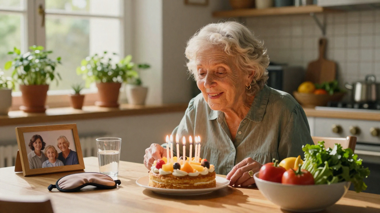 Idosa soprando velas em bolo de aniversário na cozinha, com foto de família e frutas na mesa.