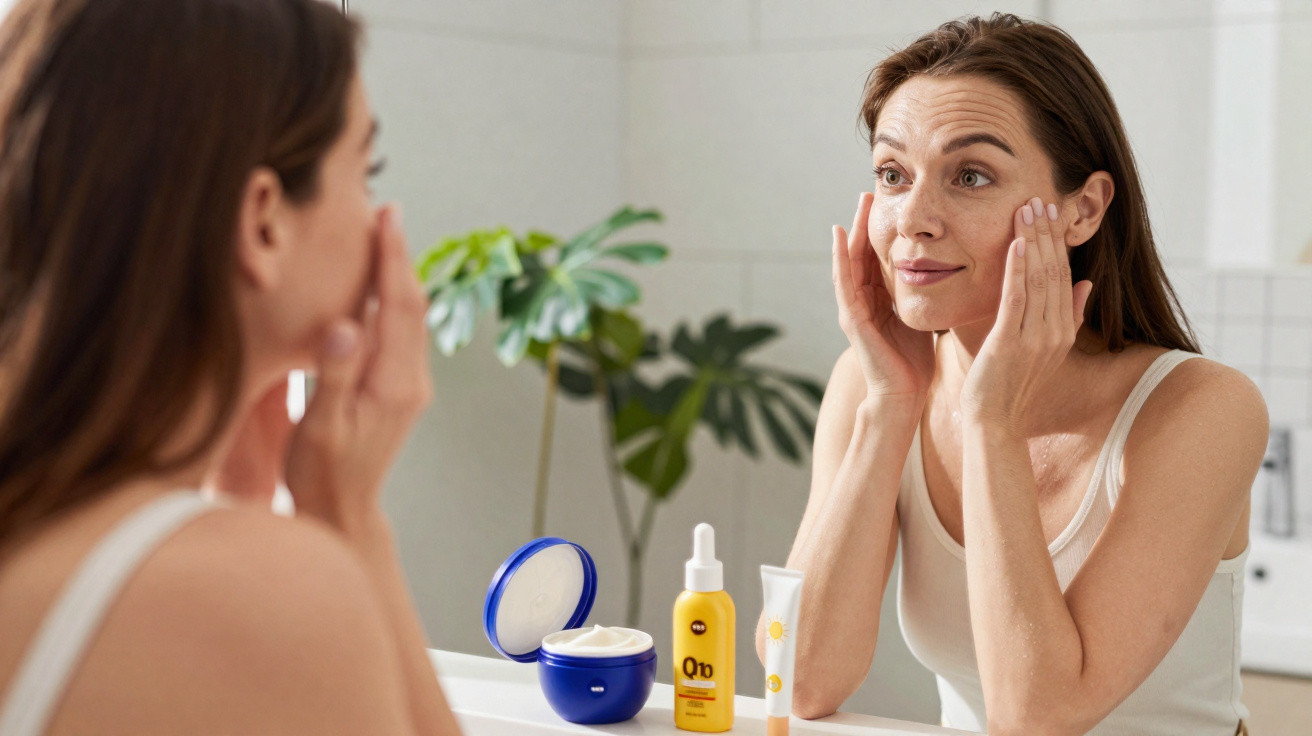 Mulher aplicando creme facial diante do espelho com produtos de skincare na pia do banheiro.