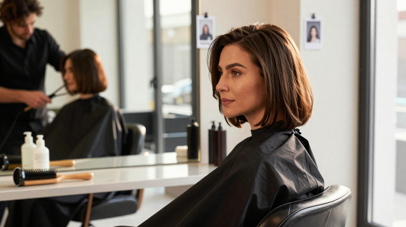 Mulher de cabelo curto sentada em cadeira de salão de beleza enquanto cabeleireiro corta o cabelo dela.