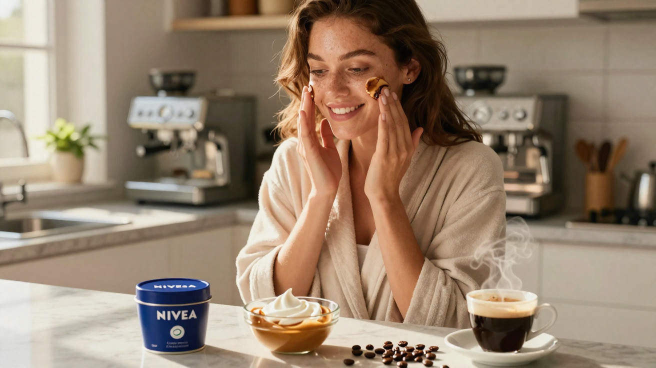 Mulher sorridente aplicando creme hidratante Nivea no rosto em cozinha moderna com café e ingredientes na mesa.